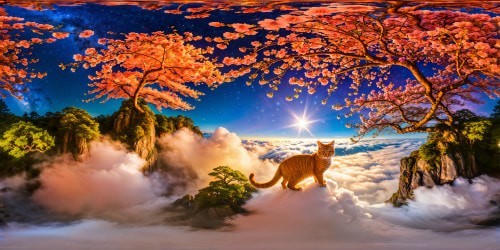 A magnificently detailed galactic garden oasis, adorned with blooming sakura and vibrant foliage, under a mesmerizing starlit sky, populated by ethereal, oriental orange cats with mesmerizing azure eyes.