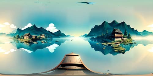 Ultra high-res VR360, Chinese ink-style landscape, solitary boat adrift on a placid river, swirling misty clouds above. Masterpiece quality, traditional motif, VR360 classical rendition.