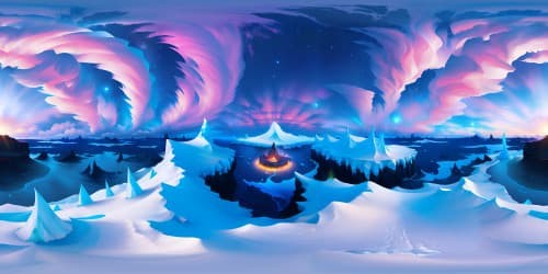 Masterpiece VR360 view, ultra high resolution, icy world with spicy color contrast. Glistening ice structures, fiery hues mingled in the sky. VR360 scene in an exotic blend of cold and warm palette, like a fantasy painting.