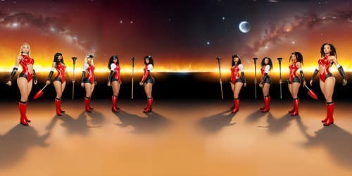 five african american women and one asian woman wearing red leotards with thigh high boots. one woman is carrying a large glowing hammer.one woman has dreadlocks.