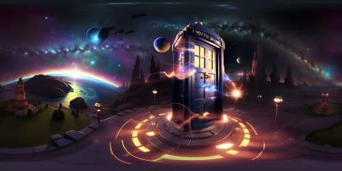 TARDIS flight, swirling galaxy backdrop, timeless space vibes, steampunk details. VR360 masterpiece, highest resolution. Doctor Who universe, ultra high-res, VR360 scene, digital painting style.