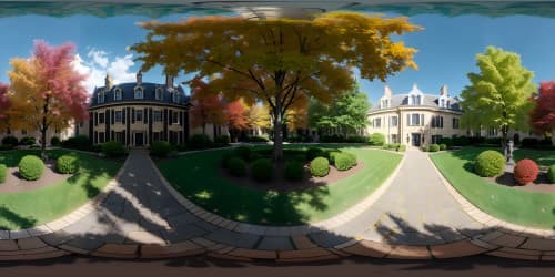 Ultra high-res VR360 scene, Penn State campus, iconic Old Main landmark, twilight hues, masterpiece quality, lush manicured lawns, sprawling historical buildings, ethereal glow on limestone structures, autumnal foliage.