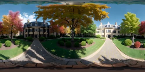 Ultra high-res VR360 scene, Penn State campus, iconic Old Main landmark, twilight hues, masterpiece quality, lush manicured lawns, sprawling historical buildings, ethereal glow on limestone structures, autumnal foliage.