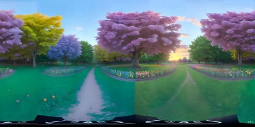 endless field of purple pink blue and orange tulips and autumn trees sunset on the horizon skyview