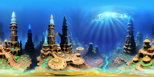 Masterpiece, underwater metropolis, ultra-high resolution. Age-old ruins, sprawling VR360 coral formations, bio-luminescent flora. Deep-sea vista in VR360, enigmatic abyss, pearlescent bubbles in ascension. Surreal art-style, glimmering cityscape, painterly aquatic textures.
