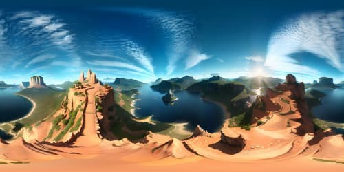 Masterpiece quality, ultra-high-res VR360 scene, majestic mountains, ethereal sky, boundless sea, radiant sun. Style: Realistic digital painting, profound depth, gradients of light and shadow, delicate details, vibrant colors. Enhancing the VR360 view, exquisitely detailed aesthetics spanning the entirety.