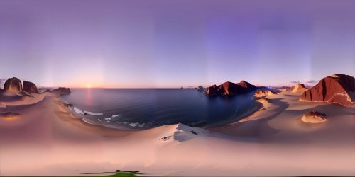 VR360 masterpiece: Oceanic expanse, setting sun kiss, warm light glaze, water-world spectrum. Horizontal line interplay, HD sunset hues, twilight color play. VR360 realistic rendering: ultra-high-resolution, high-quality textures, digital painterly style.