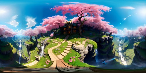 VR360 masterpiece, Pixar-style fairyland, ultra-high resolution. Luminous, dew-kissed flora, enchanted tree silhouettes. Glistening waterfalls, iridescent fluttering butterflies. Ethereal castle, floating island, VR360 depth. Surreal charm, captivating VR360 panoramic view. Exquisite detailing, transcendent quality.