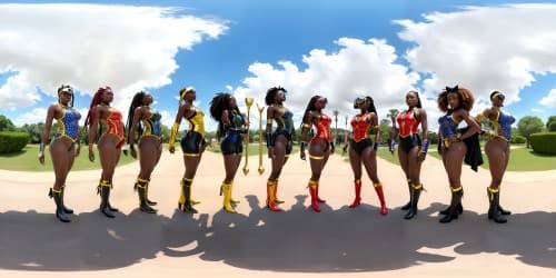 four african american women wearing leotards with red thigh high boots.  one woman has dreadlocks. one woman is topless. she has a large mace.