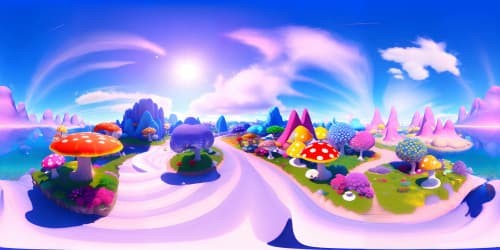 Masterpiece VR360, ultra-high resolution, floating islands, mushroom forests. VR360 pink sun, enhanced visuals, digital painting style.