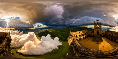 Thunderous clash of a Norse god dueling Batman in a grand mythical arena, heavenly flames and dazzling cosmic energy, ancient ruins enveloped by swirling storm clouds, the clash of myth and modernity captured in flawless ultra-high resolution detail.