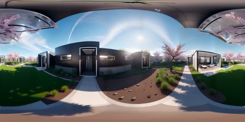 Masterpiece VR360, ultra-high resolution, clean futurism meshed with solarpunk. Biophilic design elements, urban rooftops as sustainable dwellings. Sophisticated solar panels, subtly incorporated wind turbines in VR360 view. Delicate array of cherry blossoms, glossy chrome structures softened with gentle pink. Styling with crisp lines, soft lighting, immersive blend of digital and naturalistic tones.