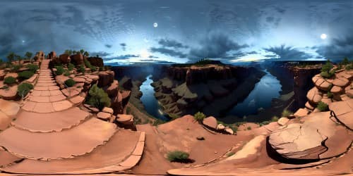 hilltop view Ultra HD, Masterpiece quality VR360, Grand Canyon, river slicing through red rock vistas, full moon cast shadows. Ethereal hues on horizon, night skyview dominated by moon's glow.