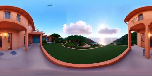 Ultra-high-resolution VR360, hilltop marvel, ocean magnificence. VR360 horizon, rustic terracotta village in azure sea palette. Grandstanding patio edge, cliff-top, neighboring hamlet vista. Breathtaking expanse, premium quality, hillside charm.