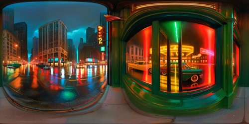 Through a bar window, a cinematic view of a rainy 1960s Chicago street, reflecting neon lights on slick pavements, vintage cars in blurred motion, glowing red and green traffic signals, and glistening cityscapes under a hazy, mesmerizing storm.