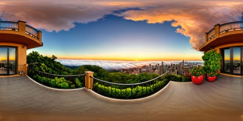 A meticulously crafted, high-resolution rendering of an opulent room with a balcony revealing a lush garden against a city backdrop at twilight, capturing the harmonious blend of urban vibrancy and peaceful familial tranquility.