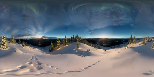 VR360 masterpiece ultra high-res, ultrarealistic forest valley panorama. snow dusted mountain overlook, starry night sky with northern lights, remote wilderness. dusk sunset behind the mountain range in the distanceVR360 soft light illumination, fine detailing