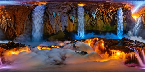 An immense crystalline cavern glowing with bioluminescent fungi, cascading waterfalls of molten silver, shafts of light piercing through iridescent mists in pristine 16K resolution, dazzling.