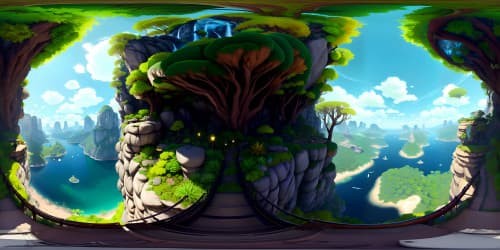 Ultra high-res, masterpiece qualities, VR360, best quality imagery, breathtaking views, unrestricted vistas. Dazzling emerald forests, cascading waterfalls, floating islands, intricate rock formations. Impressionistic approach, vivid color palette, VR360, detailed textures, painterly flourishes. Blend of naturalistic style and elevated fantasy.