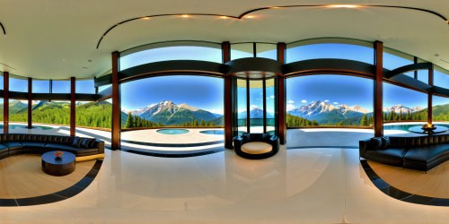 A luxurious open-concept lobby designed with sleek modern furnishings, gleaming under the summer sun, overlooking majestic mountain vistas through towering flawless glass walls. A flawless, high-resolution masterpiece showcasing the interplay of luxury and nature.