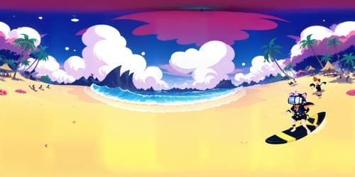 Hello Kitty surfing, Hawaiian tropical VR360 scene, summer vibrancy, Pixaresque style. Hibiscus adorned surfboard, frothing azure waves, silhouettes of palm trees. Sunset sky, multi-hued clouds, ultra-high-res masterpiece. Aloha spirit in VR360 visual elegance.