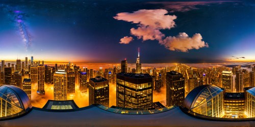 Opulent metropolis apartment window vista showcasing a flawless cityscape of shimmering skyscrapers, radiant neon lights reflecting on modern glass facades, bustling streets below, beneath a cosmic sky filled with twinkling stars.