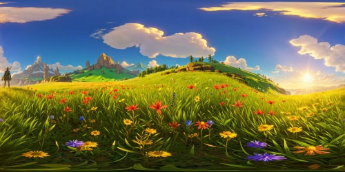 Endless grasslands adorned with a vibrant array of wildflowers basking in the resplendent sunlight, each petal and blade captured in flawless ultra-high resolution, a masterpiece of natural beauty.