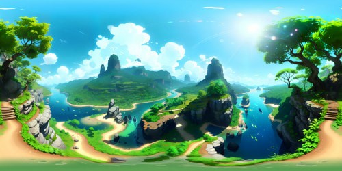 VR360 dense jungle, emerald foliage, towering ancient trees. River ribboning through, crystal waters sparkling. Sunrays split, weaving golden tapestry. Serene wildlife, grazing. VR360 masterpiece, ultra-high-res, Pixar-style enchantment.