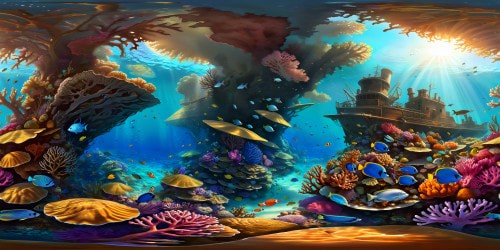A pristine underwater world teeming with vibrant coral reefs, exotic sea creatures, shimmering schools of fish, dancing rays of sunlight, crystal clear turquoise waters, and a hidden shipwreck resting on the ocean floor.