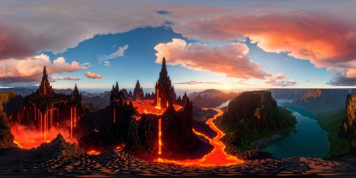 Vast nether realm in Minecraft, showcasing towering obsidian spires, flowing rivers of lava, glowing mushrooms, ominous crimson skies, all rendered in flawless ultra-high resolution detail.