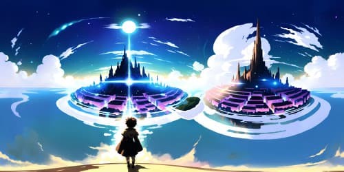 Masterpiece, ultra-high-resolution VR360, Sword Art Online inspired, expansive fantasy-scape, vast skies ablaze with digital patterns, luminescent floating islands, colossal crystalline towers, ethereal auroras, ethereal VR360 view.