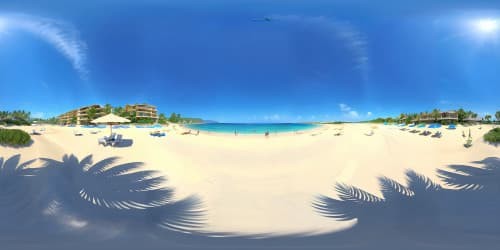 Masterpiece beach panorama, ultra high-resolution VR360 view, vibrant azure waves, soft ivory sand, colorful swimsuits as tiny accents. Impressionist style, dapples of light, textured brush strokes, sun-dappled water. Rich, immersive VR360 beach experience.