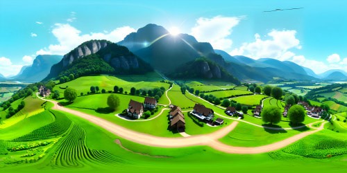 Masterpiece quality VR360 scene, ultra-high resolution, rolling countryside as urban sanctuary. Lush green hills, quaint stone cottages, winding river, sunset-kissed VR360 skyline. Style: vibrant, impressionistic, cosy, calming.