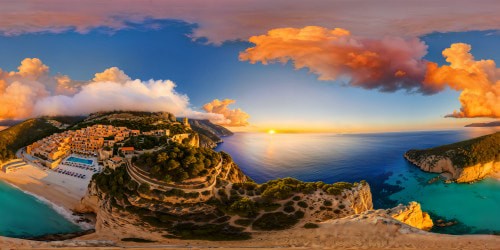 A flawless Mediterranean coastline at golden hour, with crystal-clear waters caressing pristine sandy shores, a vibrant seaside village tucked between towering cliffs, all beneath a sky painted with flaming tangerine and lilac hues, captured in breathtaking ultra-high resolution, a true masterpiece.