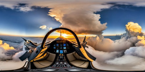 Flying aboard a sleek fighter jet at supersonic speeds, vast up close aerial views, flawlessly detailed cockpit instruments, pristine technologically advanced design, expansive sky and breathtaking cloudscape in ultra high resolution, a masterful depiction of high-octane intensity and precision.