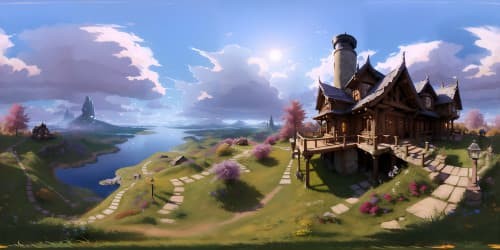 cabin on a hill over looking a field of colorful flowers and distant lake with autumn leaves sunset in the horizon skyview