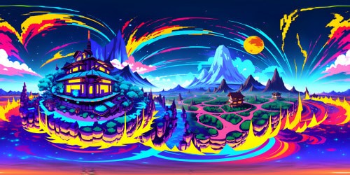 Dragon Ball-inspired vista, Kame House on tiny island, otherworldly twilight sky, fluffy pink clouds, fiery orange hues. Anime style, color-rich digital painting, VR360. Emphasis on grandeur, Goku's Nimbus streaking across the sky, signature energy auras, VR360 perspective.