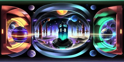 Masterpiece-quality VR360 scene, TARDIS interior from Doctor Who, ultra high-resolution. Gallifreyan symbols, intricate time rotor, pulsating console. Classic BBC Sci-Fi style, 1960s Art Deco undertones, interactive cyan lighting effects. Immersive VR360 exploration, infinite space representation.