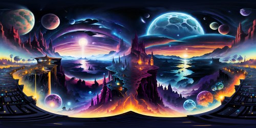 "Monumental VR360 masterpiece. Ultra-high-res majesty. Sparkling cosmic nebulae, radiant star clusters, mesmerizing celestial bodies, VR360 interstellar voyage. Futuristic, grandeur-filled Pixar style. Luminescent tendrils, radiant galaxies."