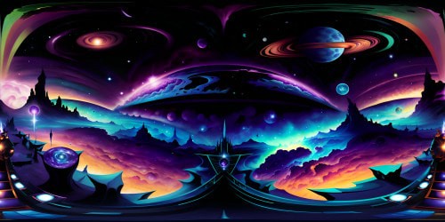 Ultra high-res nebula, dominant purple hues, subtle emerald undertones, VR360 cosmic panorama, star clusters scattered, glowing gas clouds. Realistic masterpiece style, fine details, radiant celestial bodies, astronomical realism in VR360.