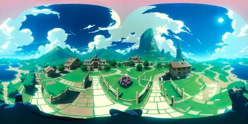 VR360 high-res Zelda-inspired realm, brilliant colors, iconic Master Sword in foreground. Dreamy Hyrule Field, pixel art mountains in distance, VR360 twilight sky. Ultra high-quality, Pixar style.