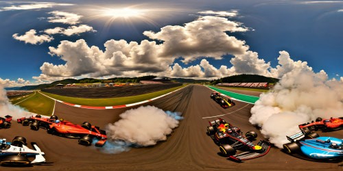 An intricately detailed F1 racing circuit under the bright, blazing sun, showcasing flawlessly smooth asphalt, vibrant team pit stops, dynamic camera angles capturing the speed and precision, gleaming cars racing at breakneck speeds, and a backdrop of grandstands filled with cheering fans, all depicted in ultra high resolution.