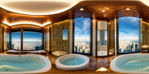 A flawless, intricately detailed bathroom scene featuring the stunning presence of Sandra Bullock, with gleaming marble surfaces, luxurious golden accents, exquisite crystal light fixtures, and a breathtaking view of a modern cityscape through floor-to-ceiling windows.