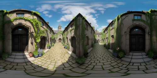 VR360: De_Inferno map, Counter-Strike inspired, high-definition textures. Cobblestone streets, worn-out buildings, detailed graffiti, sprawling ivy. Distant, misty mountains, overcast sky, dramatic cloudscape. VR360: Ultra-high resolution, meticulous detail, masterpiece quality. Art style: Digital realism.