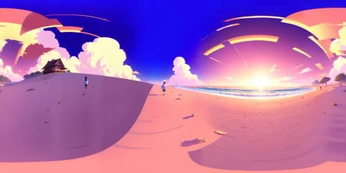 VR360 view, ultra high-res masterpiece, beachfront setting. Solitary figure of a girl, seated on sandy shore, gazing towards ocean. Background of sky, canvas of pastel gradient from orange to pink. Pixar-style detailing, atmospheric perspective.