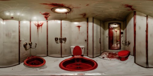 Dread-inducing restroom inspired by Silent Hill, with cracked porcelain sinks, flickering lights amidst murky mist, peeling wallpaper, and a blood-red stained toilet, meticulously depicted in flawless ultra-high resolution, a true horror masterpiece.