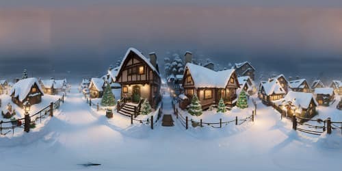 VR360 artistry, cream-grade, ultra-high definition. Dickensian Christmas village, snow-dusted rooftops, shimmering icicles, twinkling fairy lights, quaint cottages. Victorian-style elegance, festive, magical atmosphere, Pixar-style charm.