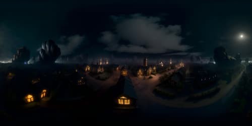 VR360 masterpiece, ultra-HD, hyper-realistic, terrifying environment. Ghostly fog, spectral shadows, ominous looming structures. Gothic architecture, intricate detailing. VR360 view, moonlit sky, swirling storm clouds, starless night.