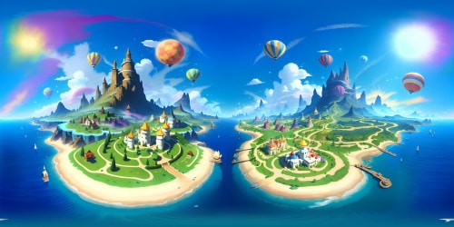 VR360 realm, vivid Nintendo hues, Super Mario 64-inspired. Floating platforms, multicolored brick textures. Primary-colored power-ups, star-like gem clusters. Whimsical clouds, blue-sky backdrop. Pixar-style gradients, ultra-high res quality, VR360 immersion. Masterpiece artistry.