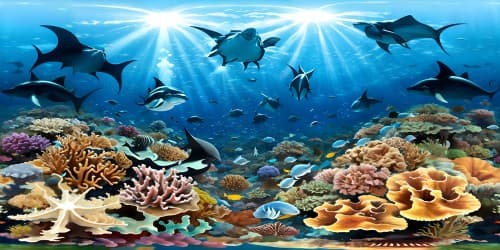 five seahorses with one manta ray in great coral reef with one scuba diver